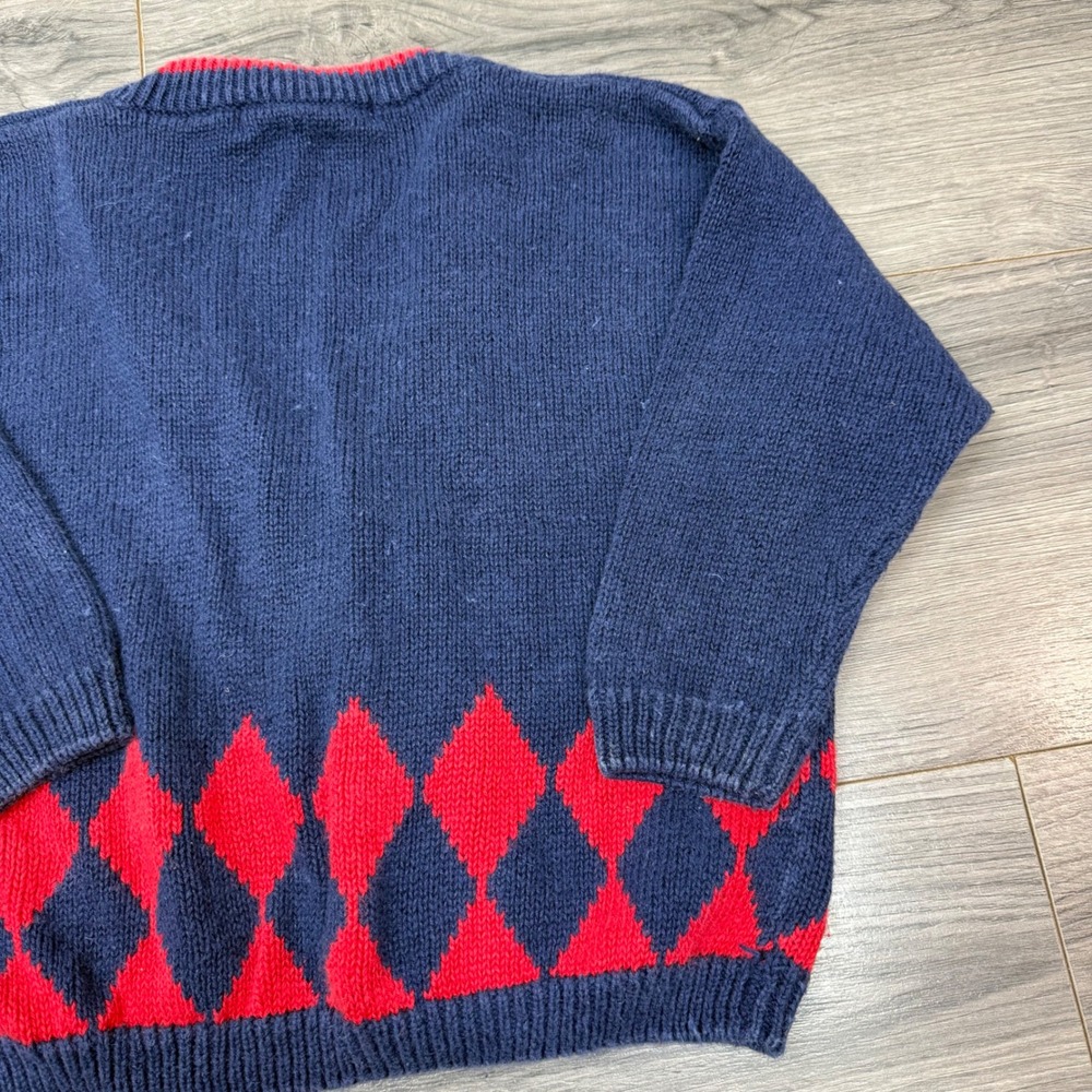 Vintage Kids Navy Argyle Knit Cardigan Red Trim Bon Voyage Crest Patch Size 4 - Picture 11 of 14